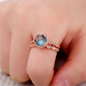 New 14k Rose Gold Over Silver Blue Topaz White Sapphire 2 pc Ring Set